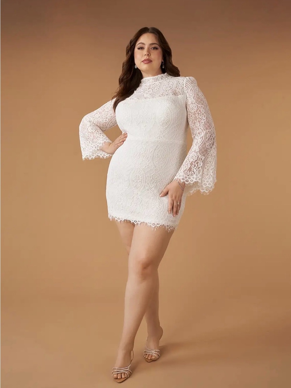 Azazie Ivie White Lace High-Neck Bell-Sleeve Mini Dress
